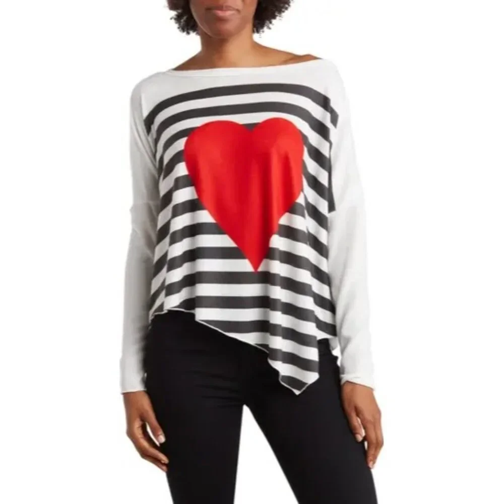 Oversized Heart Striped Asymmetrical Hem‎ Dolman Sweater Sweatshirt Size XL
